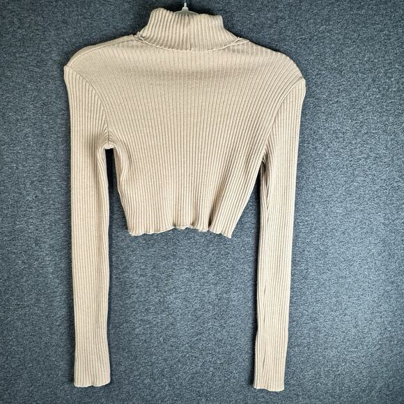 BERSHKA Cropped Rib Knit Turtleneck Pullover Sweater StretchWomen’s MEDIUM Beige - Picture 5 of 8